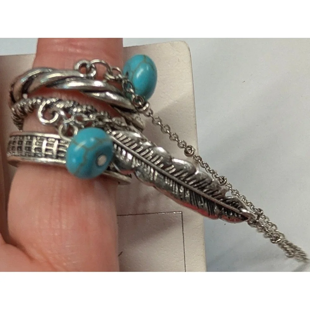 New w Tag Slave 3 Ring Set Silver Tone Faux Turquoise Feather Chain Twist Boho